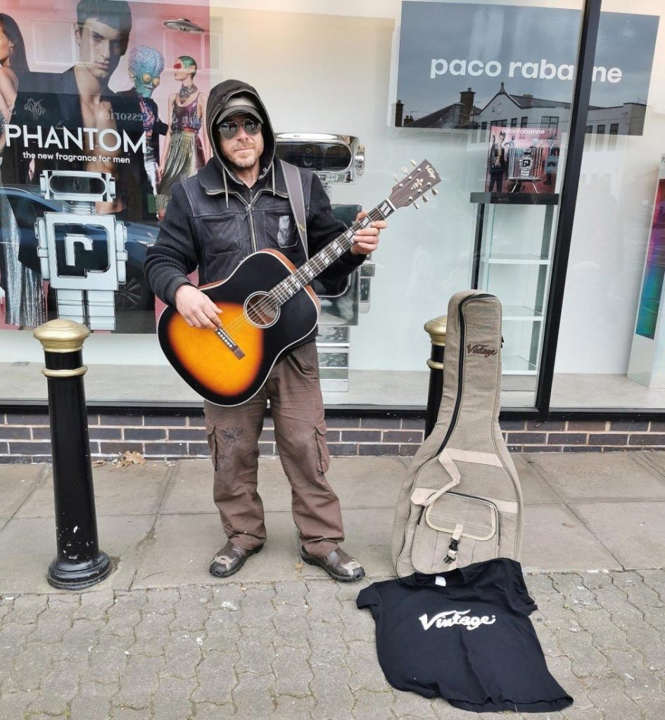 Street Busker Philip: With his new Tobacco Sunburst Vintage Historic Series Electro-Acoustic Guitar