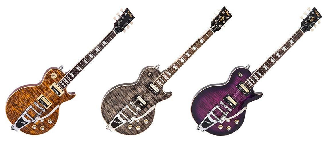 Vintage Reissued Series V100 now available with Bigsby vibrato tailpiece in translucent Flamed Amber, Thru-Black and Purpleburst finishes