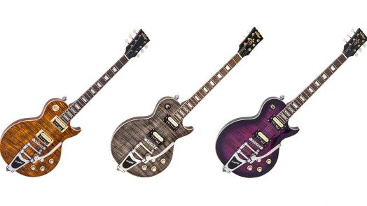 Vintage Reissued Series V100 now available with Bigsby vibrato tailpiece in translucent Flamed Amber, Thru-Black and Purpleburst finishes