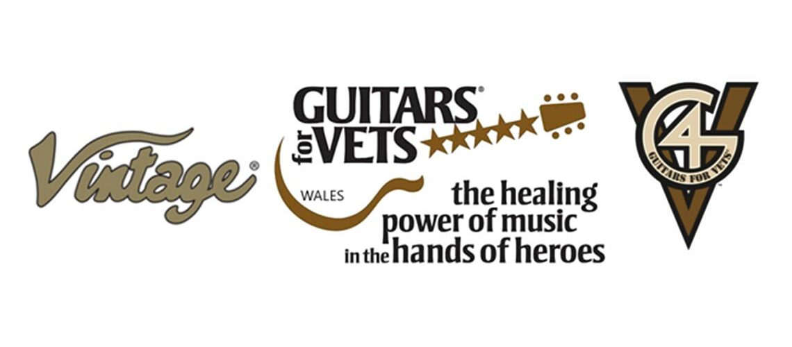 Vintage® present acoustic guitars to Welsh international rugby legend Scott Quinell and G4V Chairman Tim Sturges, in aid of the International Guitars For Veterans charity: Wales