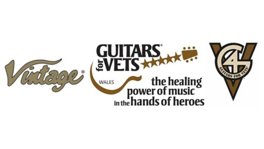 Vintage® present acoustic guitars to Welsh international rugby legend Scott Quinell and G4V Chairman Tim Sturges, in aid of the International Guitars For Veterans charity: Wales