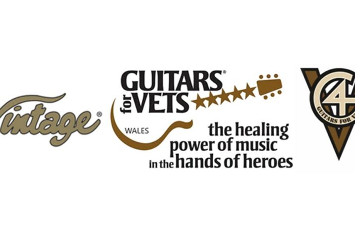 Vintage® present acoustic guitars to Welsh international rugby legend Scott Quinell and G4V Chairman Tim Sturges, in aid of the International Guitars For Veterans charity: Wales