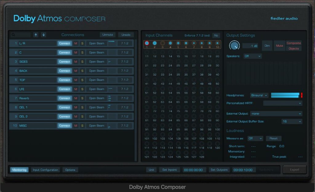 The Dolby Atmos Composer offers all the important settings for monitoring and rendering in one convenient window.